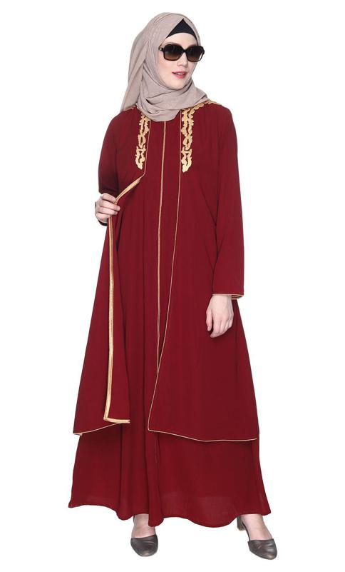 Maroon Regal Abaya With Gold Embroidery