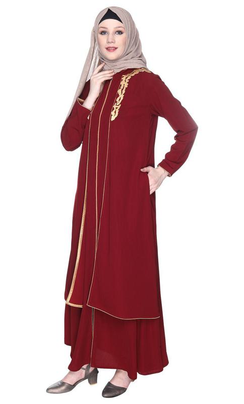 Maroon Regal Abaya With Gold Embroidery