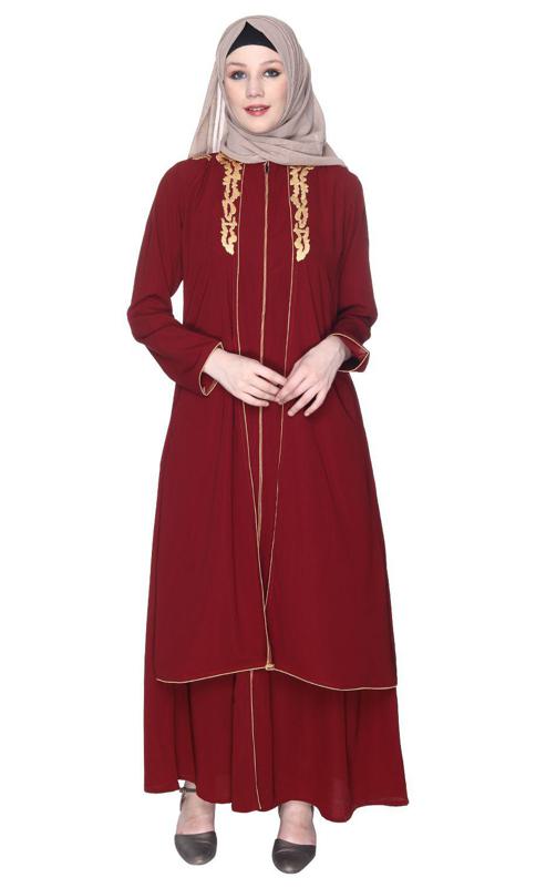 Maroon Regal Abaya With Gold Embroidery