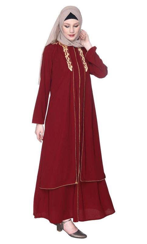 Maroon Regal Abaya With Gold Embroidery