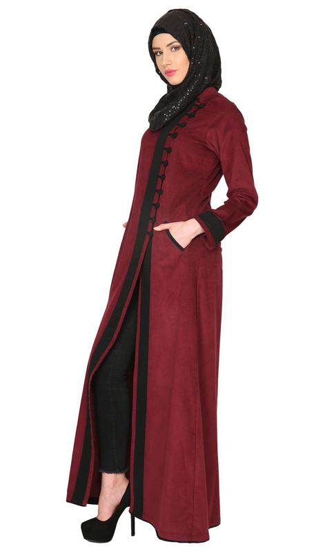 Maroon Velvet Corduroy Coat Style Abaya