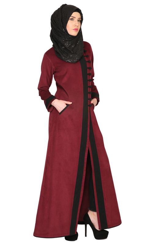 Maroon Velvet Corduroy Coat Style Abaya
