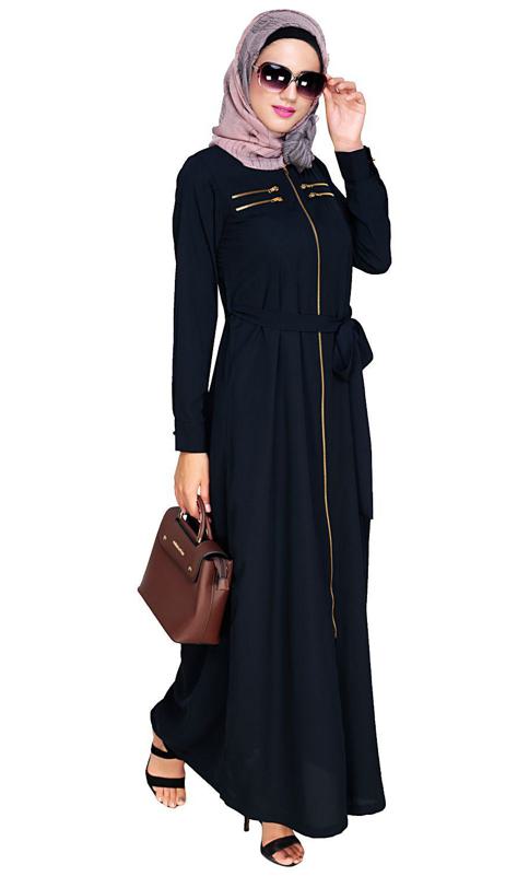Metallic Sheen Front Zipper Blue Abaya