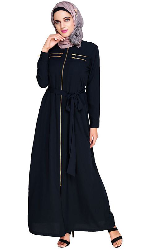 Metallic Sheen Front Zipper Blue Abaya