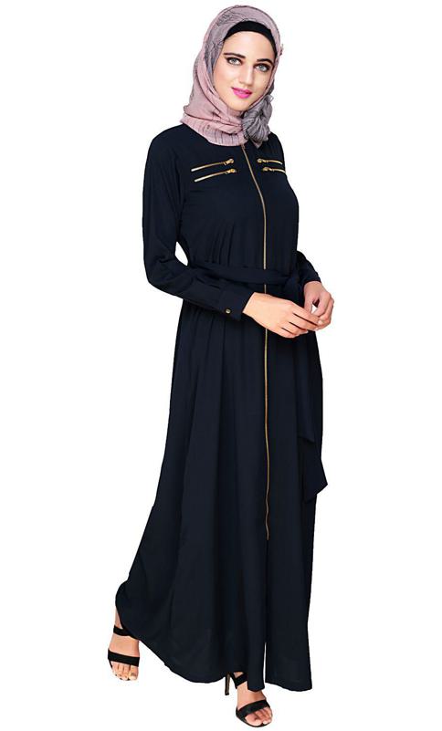 Metallic Sheen Front Zipper Blue Abaya