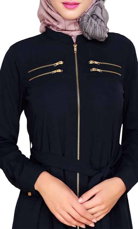 Metallic Sheen Front Zipper Blue Abaya