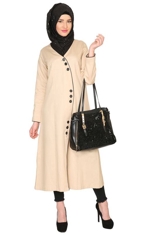 Mid Calf Coat Style Abaya With Black Detailing (Made-To-Order)