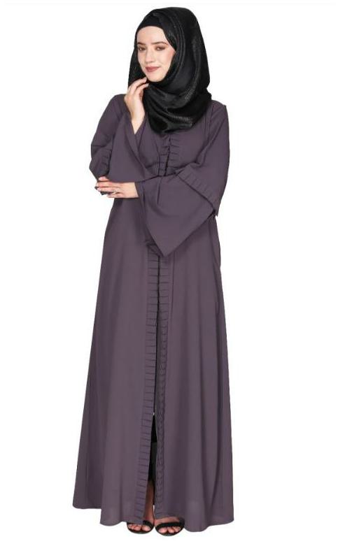 Modish Box Pleated Dark Grey Abaya With Conventional Bell Sleeves