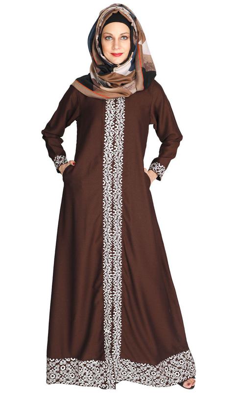 Mushroom Embroidered Brown Abaya (Made-To-Order)