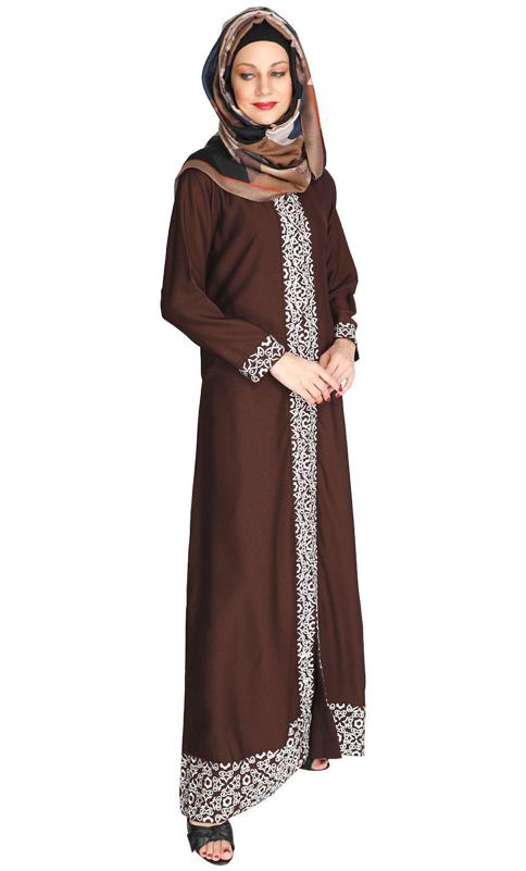 Mushroom Embroidered Brown Abaya (Made-To-Order)