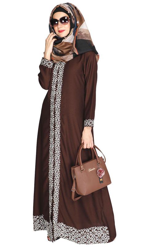 Mushroom Embroidered Brown Abaya (Made-To-Order)