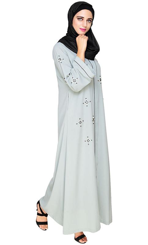 Newfangled Pearl Embroidered Sage Green Abaya (Made-To-Order)
