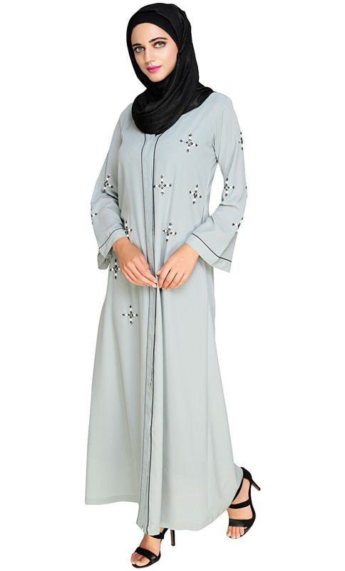 Newfangled Pearl Embroidered Sage Green Abaya (Made-To-Order)
