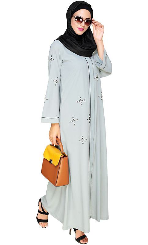 Newfangled Pearl Embroidered Sage Green Abaya (Made-To-Order)
