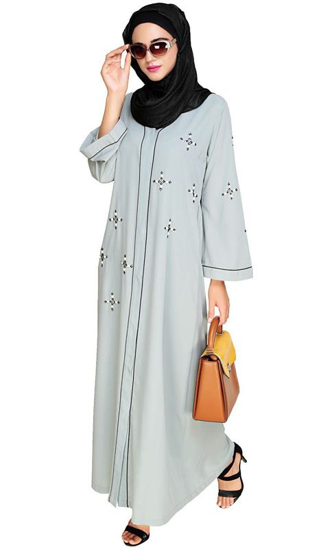 Newfangled Pearl Embroidered Sage Green Abaya (Made-To-Order)