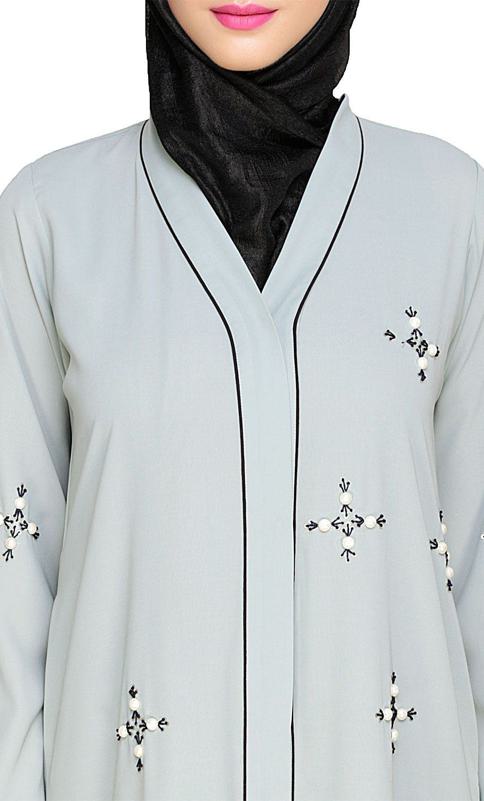 Newfangled Pearl Embroidered Sage Green Abaya (Made-To-Order)
