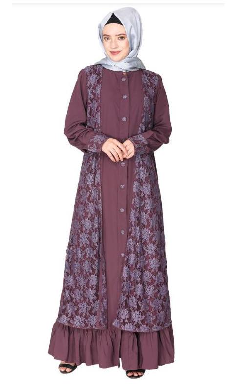 Occasion Wear Purple Abaya With A Gorgeous Extra Panel Of Floral Lace