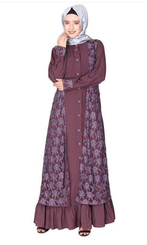 Occasion Wear Purple Abaya With A Gorgeous Extra Panel Of Floral Lace