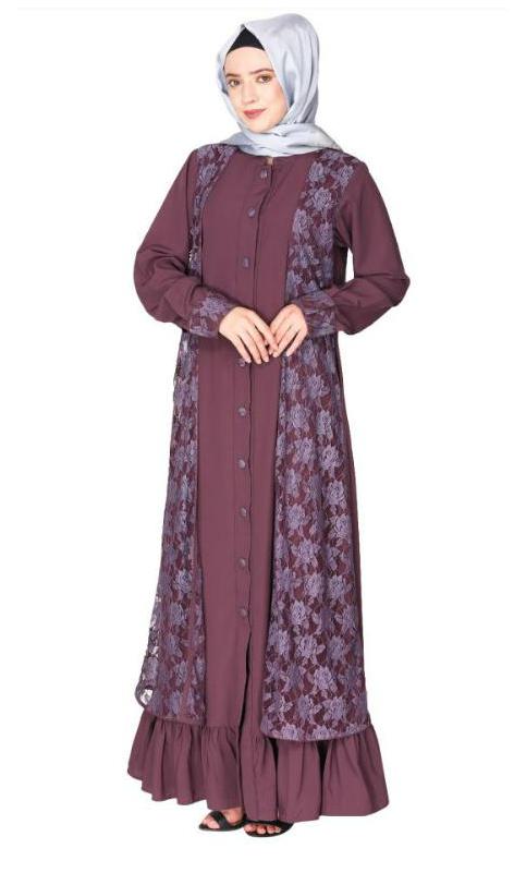 Occasion Wear Purple Abaya With A Gorgeous Extra Panel Of Floral Lace
