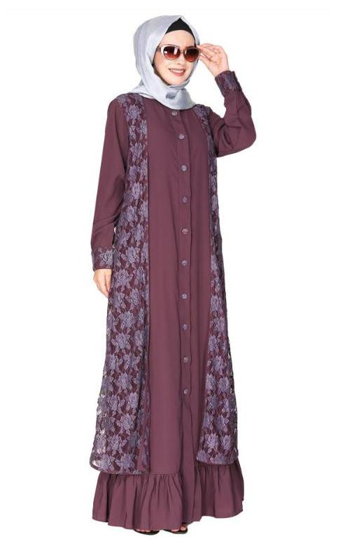 Occasion Wear Purple Abaya With A Gorgeous Extra Panel Of Floral Lace