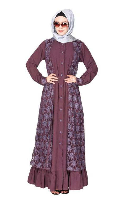 Occasion Wear Purple Abaya With A Gorgeous Extra Panel Of Floral Lace