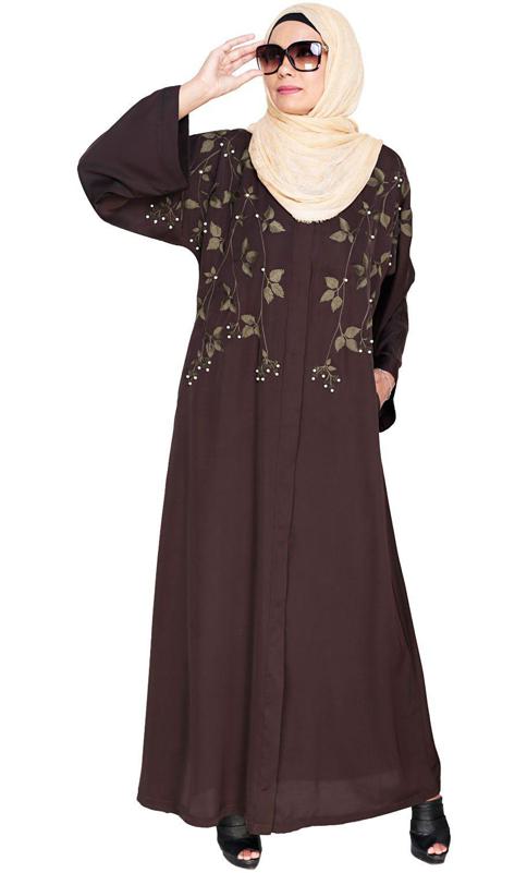 Pearl And Flora Embroidered Dubai Style Dark Brown Abaya (Made-To-Order)