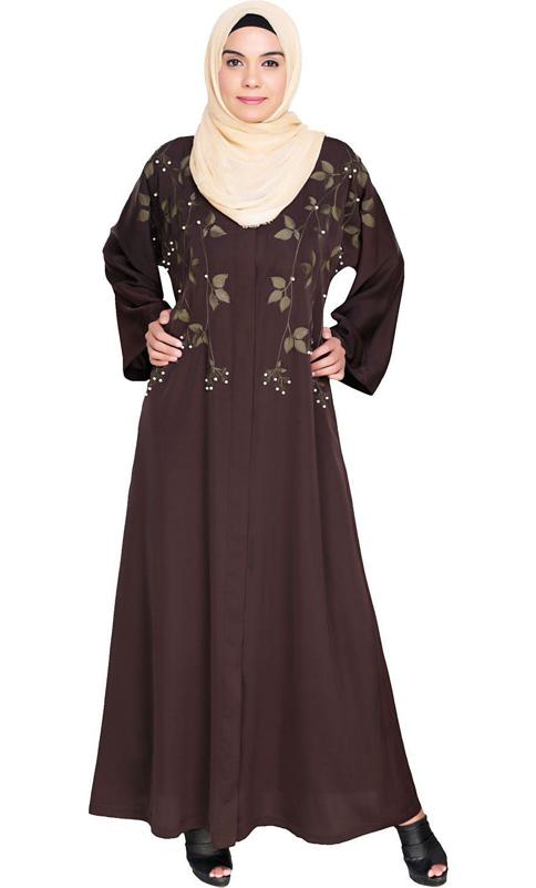 Pearl And Flora Embroidered Dubai Style Dark Brown Abaya (Made-To-Order)