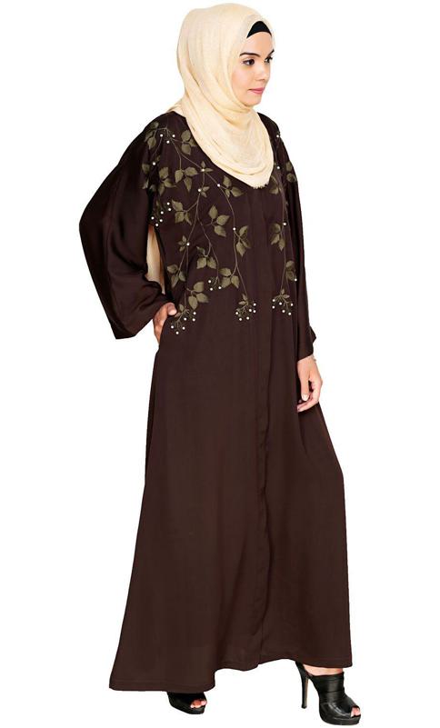Pearl And Flora Embroidered Dubai Style Dark Brown Abaya (Made-To-Order)