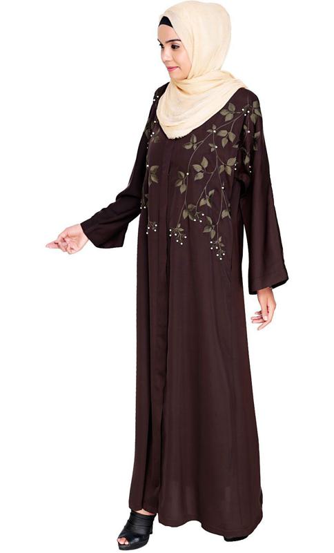 Pearl And Flora Embroidered Dubai Style Dark Brown Abaya (Made-To-Order)