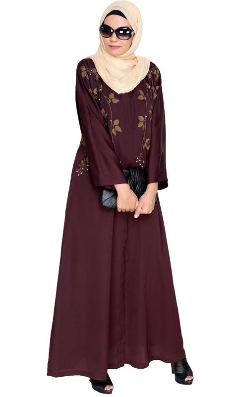 Pearl And Flora Embroidered Dubai Style Deep Wine Abaya