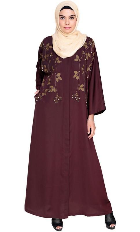 Pearl And Flora Embroidered Dubai Style Deep Wine Abaya