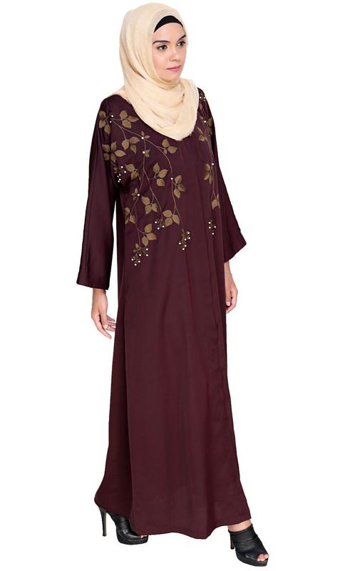 Pearl And Flora Embroidered Dubai Style Deep Wine Abaya