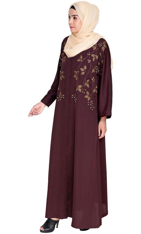 Pearl And Flora Embroidered Dubai Style Deep Wine Abaya