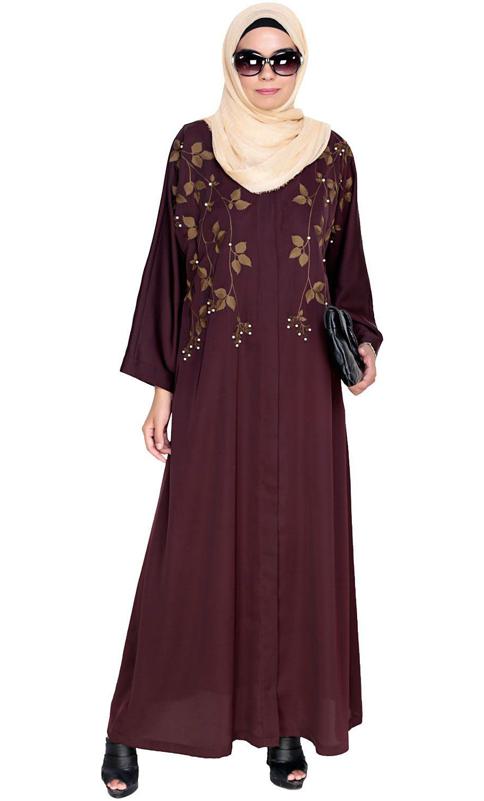 Pearl And Flora Embroidered Dubai Style Deep Wine Abaya