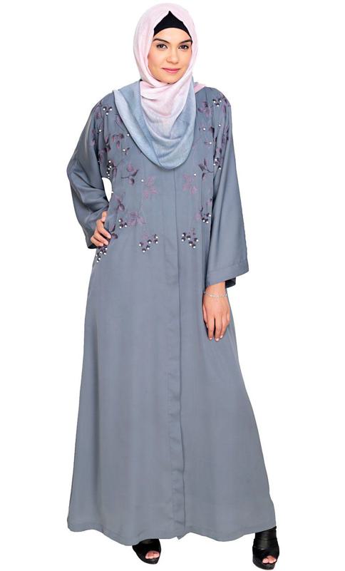 Pearl And Flora Embroidered Dubai Style Grey Abaya (Made-To-Order)