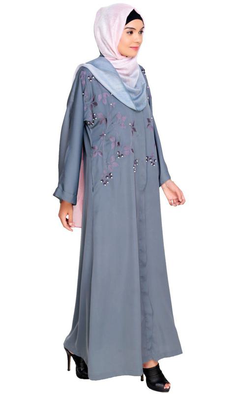 Pearl And Flora Embroidered Dubai Style Grey Abaya (Made-To-Order)