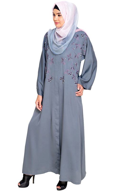 Pearl And Flora Embroidered Dubai Style Grey Abaya (Made-To-Order)