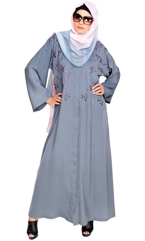 Pearl And Flora Embroidered Dubai Style Grey Abaya (Made-To-Order)