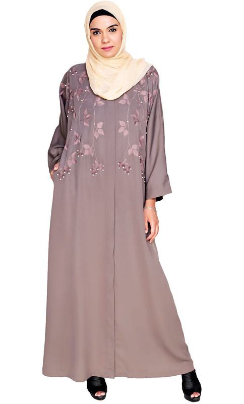 Pearl And Flora Embroidered Dubai Style Mud Brown Abaya (Made-To-Order)