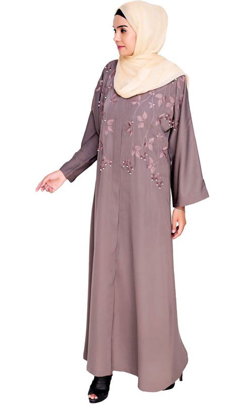 Pearl And Flora Embroidered Dubai Style Mud Brown Abaya (Made-To-Order)
