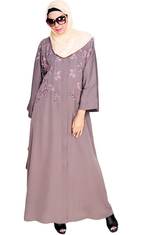 Pearl And Flora Embroidered Dubai Style Mud Brown Abaya (Made-To-Order)
