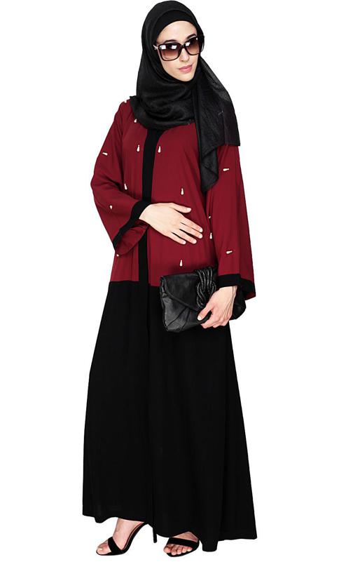Pearl Drops Dubai Style Wine Abaya (Made-To-Order)