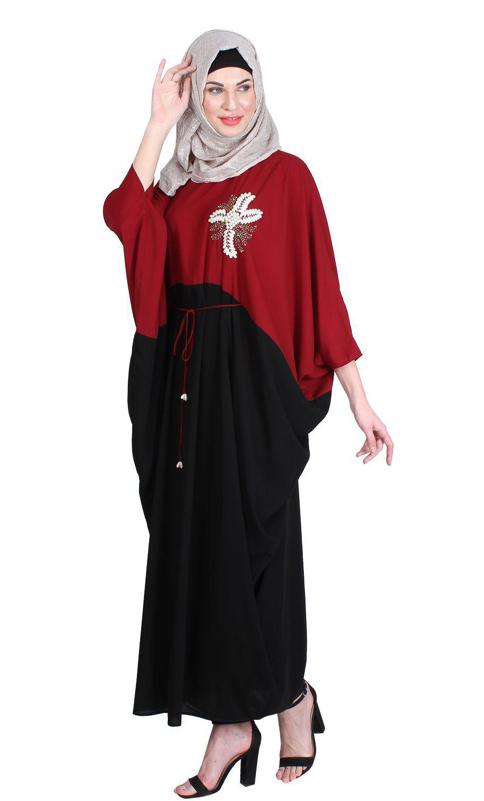 Pearl Embroidery Wine Kaftan