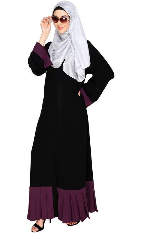Pleated Bliss Black and Purple Dubai Style Abaya