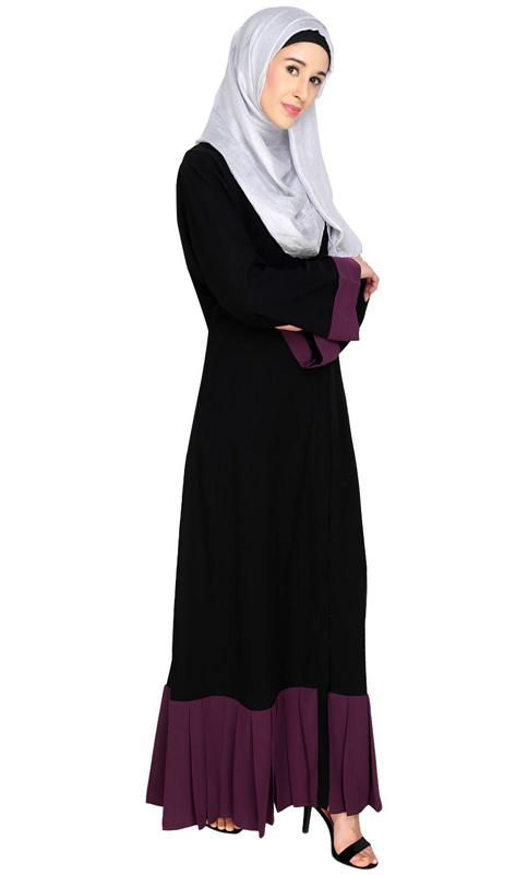 Pleated Bliss Black and Purple Dubai Style Abaya