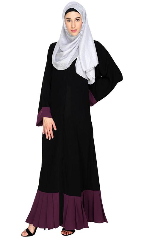 Pleated Bliss Black and Purple Dubai Style Abaya