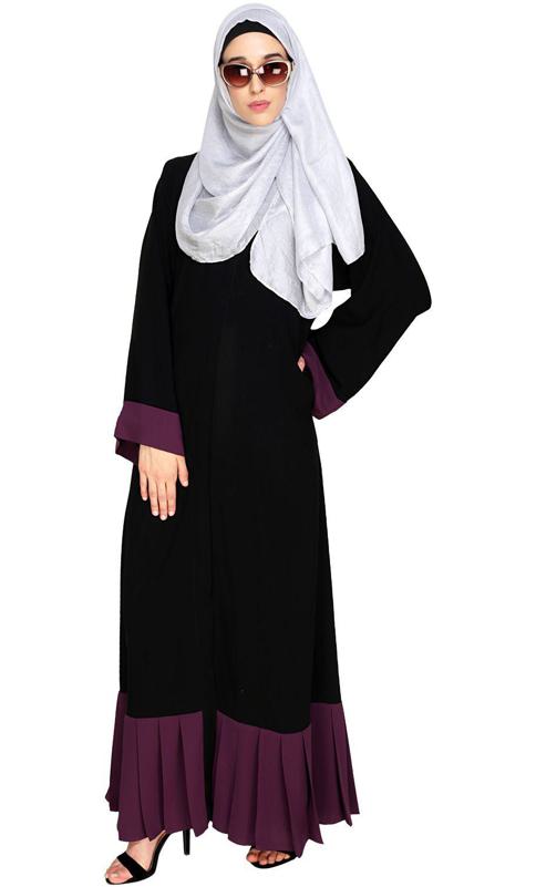 Pleated Bliss Black and Purple Dubai Style Abaya
