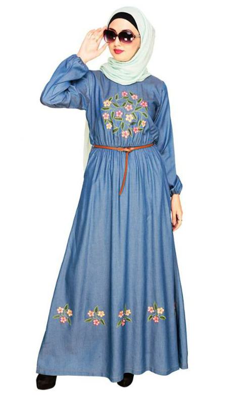 Plush Embroidered Blue Maxi Dress Abaya