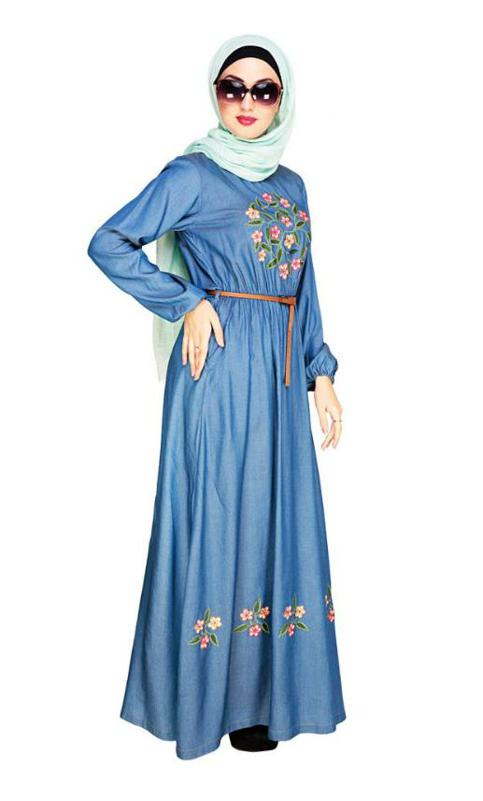 Plush Embroidered Blue Maxi Dress Abaya