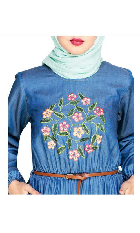 Plush Embroidered Blue Maxi Dress Abaya